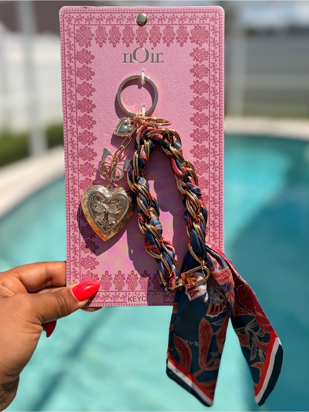 Braided scarf keychain with dangling Gold Heart Charm and butterflies-NIB